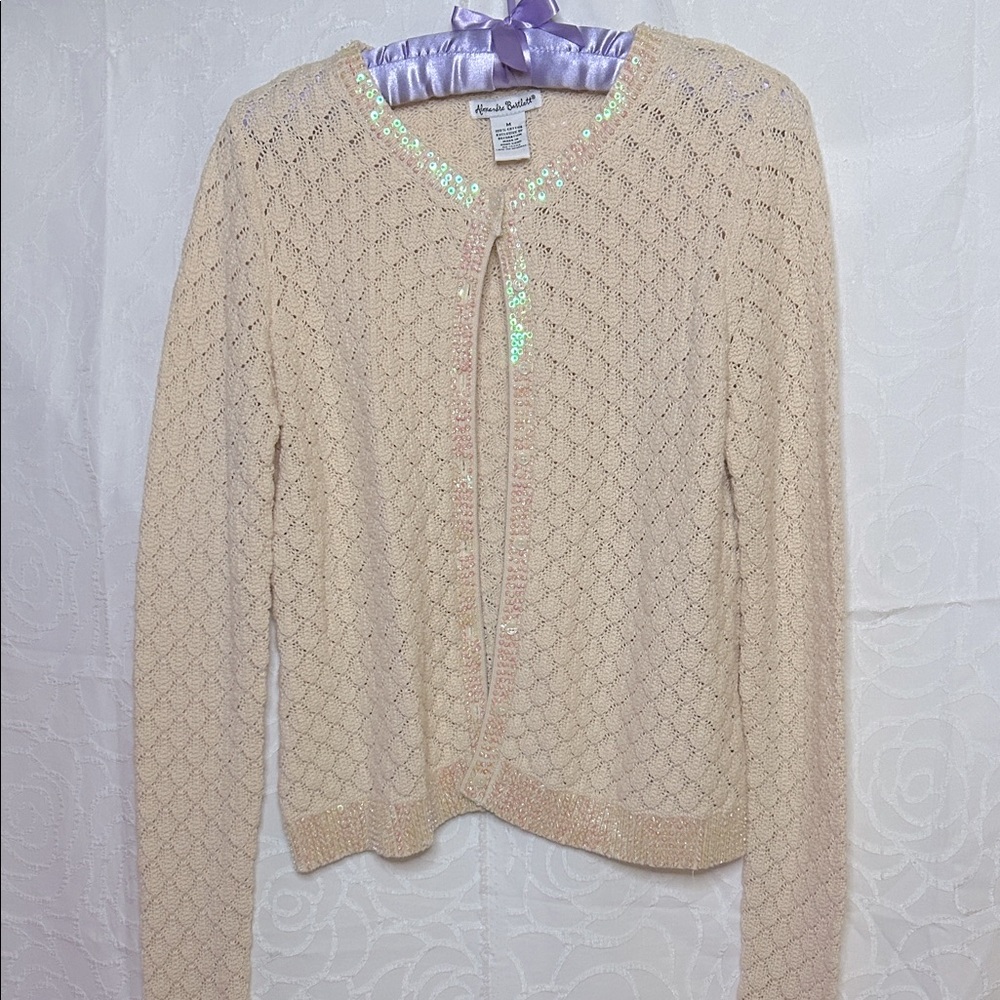 ALEXANDRA BARTLETT peach colored Knit Cardigan. Size M 100% Cotton. Sequin trim